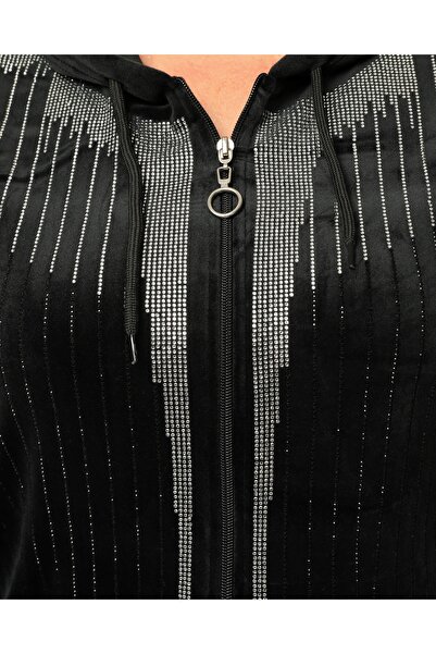 Şans Women's Plus Size Black, Stone Embroidered K Hooded Velvet Tracksuit Set 65N39256