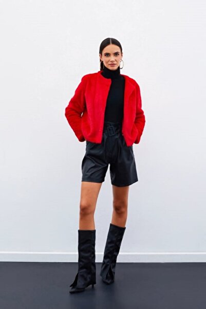 Sateen Yakasız Peluş Ceket