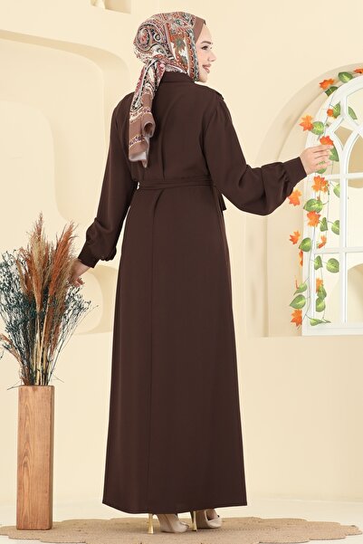 ModaMerve Dantel Detaylı Piliseli Elbise 308ASN888-MS Kahve