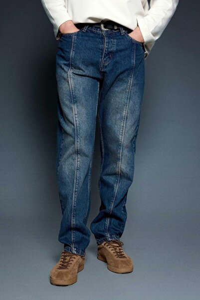 ablukaonline Men's Front Seam Detailed Washed Baggy Jeans Dark Blue