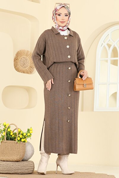 ModaMerve Önden Düğmeli Etekli Takım 2757AYD574-MS Koyu Vizyon