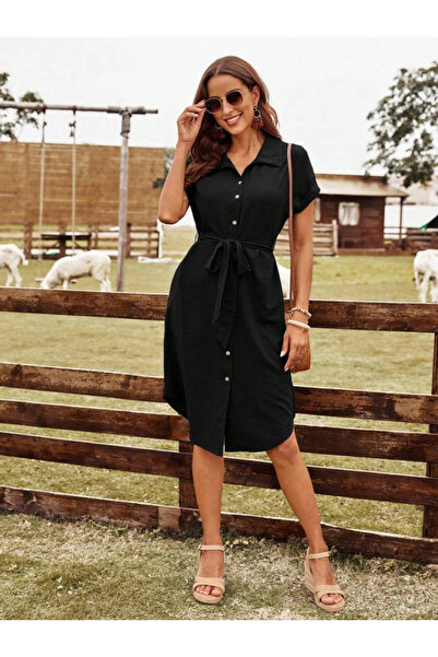 GENCULUS Women's Short Sleeve Collared Front Buttoned Waist Belted Wrap Dress