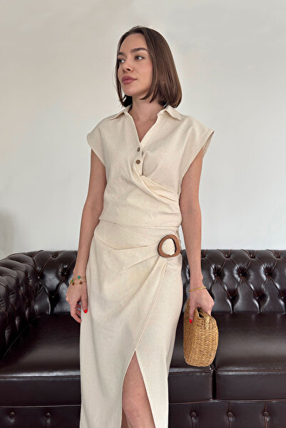 MAGARDE Costum din in premium cu fustă și cataramă din lemn - STONE