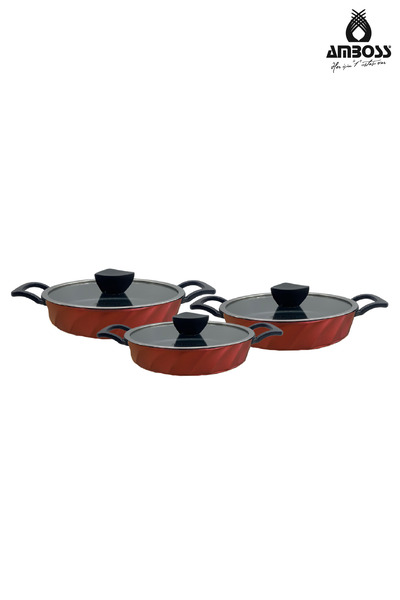 Amboss Vento 6 Piece Cast Iron Skillet Omelette Set with Glass Lid (Red)