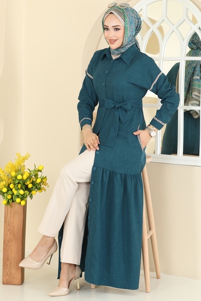 ModaMerve Dantel Detaylı Kemerli Elbise 4130PM271-MS Petrol