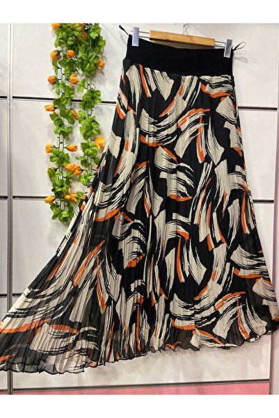 edu collection Brush Patterned Chiffon Bohe Bell Skirt with Lining