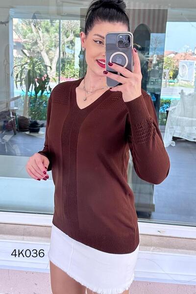 İnce Topuk V-Neck Openwork Knitwear Blouse 4K036