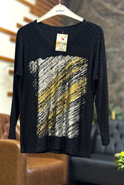 sahnemoda Wave pattern gilded v-neck velvet imported blouse