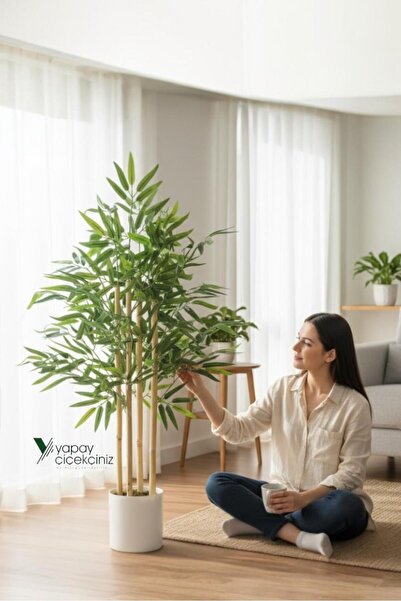 YAPAY ÇİÇEKÇİNİZ Beyaz Renkli Saksıda 100 cm 4 Gövde Yoğun Yaprak Yapay Bambu Ağacı