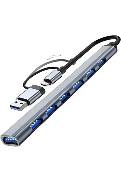 AdyMel USB Type-C 7-in-1 Aluminum Hub – 1x USB 3.0 + 6x USB 2.0, Gray