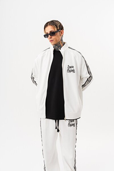 Respire Men's Splash Striped Detail Mock Neck Doubleface Zip Oversized Sweatshirt Ecru