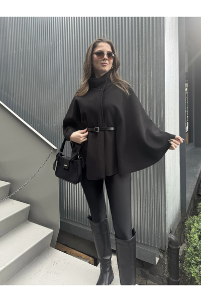 asfamoda Women's Black Belted Mock Neck Button Cashmere Cape Poncho