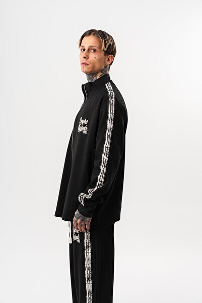 Respire Men's Splash Striped Detail Mock Neck Doubleface Zip Oversized Sweatshirt Black