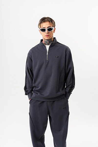 Respire Ανδρικό φούτερ με μισό φερμουάρ με λεπτομέρεια ραμμάτων και διαγώνιο σχέδιο καπνιστό