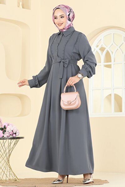 ModaMerve Dantel Detaylı Piliseli Elbise 308ASN888-MS Gri