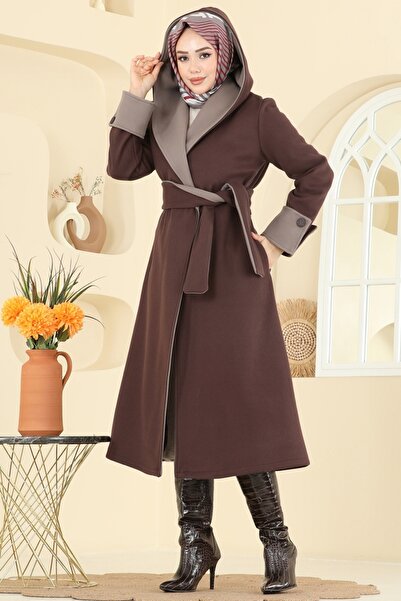 ModaMerve Kruvaze Yaka Kaşe Kaban 6662YG95-MS Kahve