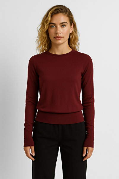 VENA Women's Mona Crew Neck Buttoned Knit Sweater - Burgundy