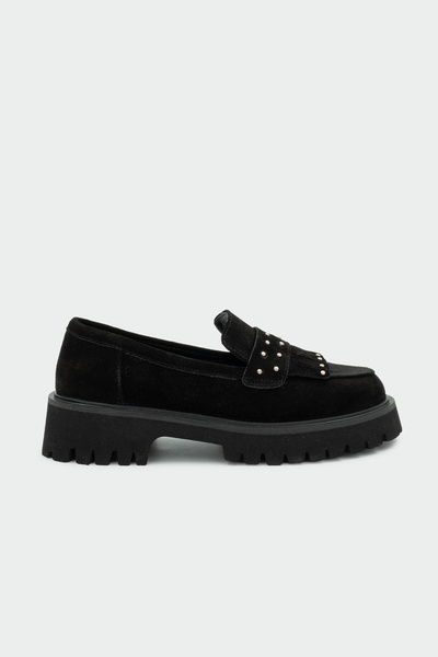 LAMİNTA Charles Black Suede Γυναικείο Loafer από γνήσιο δέρμα με λεπτομέρεια με φούντα