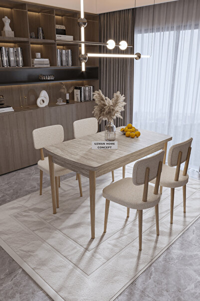 UZMHOME 70 x 110 Sabit Traverten Mutfak Masa Takımı 4 Sandalyeli