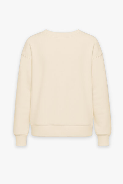 Amia&Co. Beige Crew Neck Printed Fleece-Lined Oversized Sweatshirt