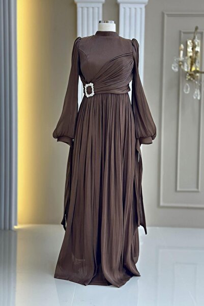 Amine Hüma Hira Abiye Elbise Koyu Kahve