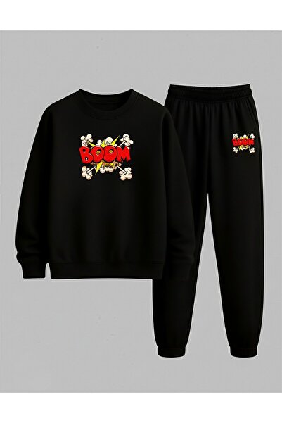 LORVEX Детска суитшърт - комплект спортен екип с велосипедна яка, принт BOOM,...