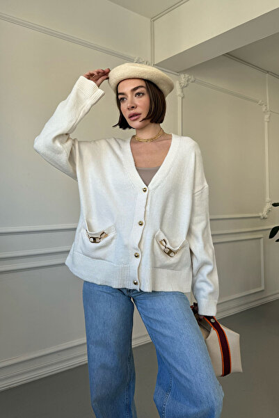 MAGARDE Cardigan cu design broșă cu nasturi aurii - ECRU