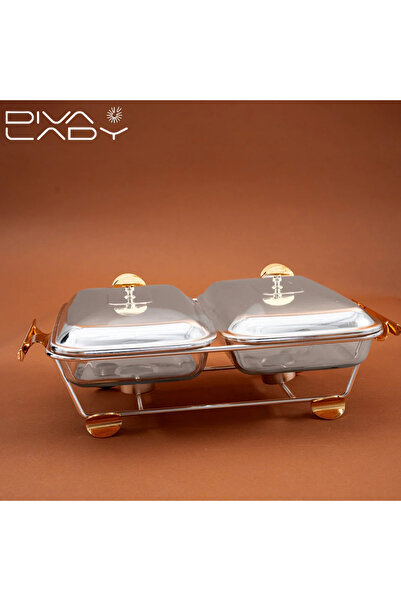 DIVA LADY Luxury double square stainless steel and gold patterned food warmer with 2 candle holders