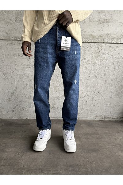 KağanKY Blugi Boyfriend cu detalii laser albastru închis