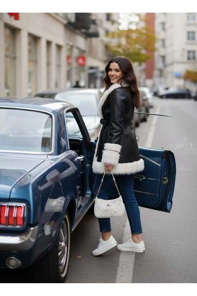 Hb Harma Time Butik Γυναικείο δερμάτινο μαύρο μπουφάν με φτερωτή ζώνη και επένδυση