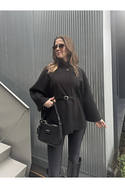 asfamoda Women's Black Belted Mock Neck Button Cashmere Cape Poncho