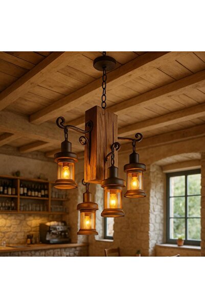 genernic Rustic Wooden Pendant with 4 Lanterns – E27 Base