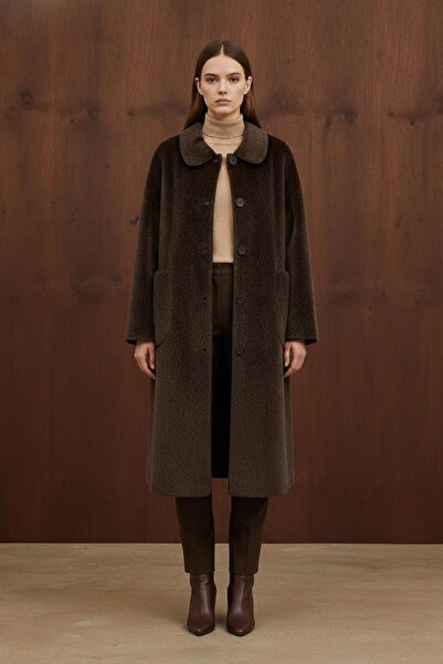 Puane Women's Fox Coat with Button and Pocket Detail - 15220Kbn - Brown