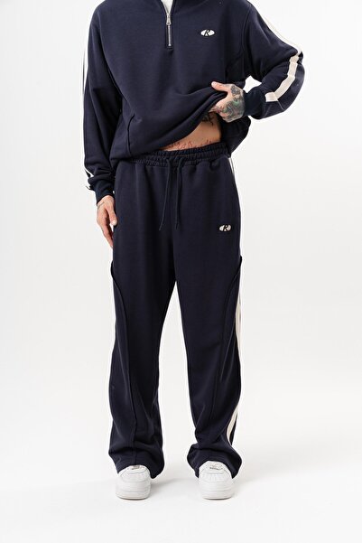 Respire Men's Diagonel Baggy Sweatpants with Dirty Stitch Detail, Navy Blue