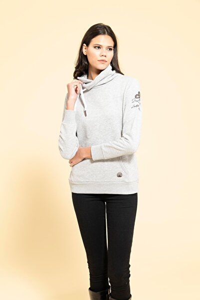 FOR YOU MODA Grauer Pullover mit Kängurutasche und detailliertem Ausschnitt