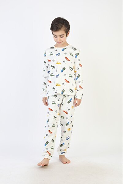 İsobel Kids Boy's Car Patterned Corded Fabric Interlock Fabric Long Sleeve Pajama Set