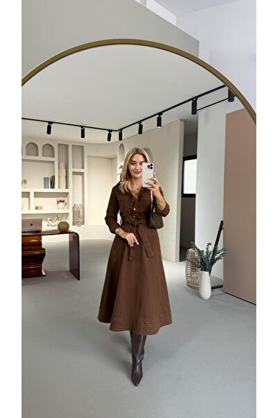 Sezgi Tekin Dikiş Detay Kahve Çan Denim Elbise