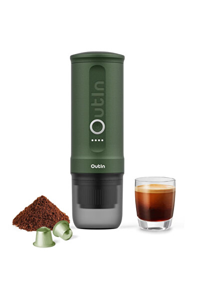 Outin Espressor portabil Nano Forest Green, 12/24 V, 7500mAh, 20bar, 80ml măc...