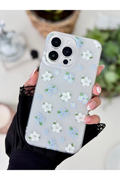 Go Aksesuar غطاء شفاف متوافق مع آيفون 16 برو ماكس بطباعة زهور زرقاء وبيضاء غي...