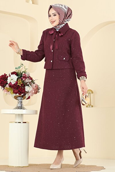 ModaMerve Yakası Bağcıklı Tüvit Takım 2759SL432-MS Bordo