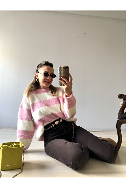 Gözde Tasarım Butik Women's Pink and White Striped Loose Sweatshirt with Circ...