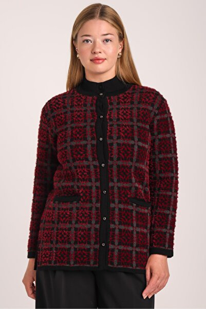 Uludağ Triko Women's Black Burgundy Plaid Patterned Pocketed Buttoned Knitwea...
