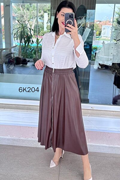 İnce Topuk Zippered Leather Skirt 6K204