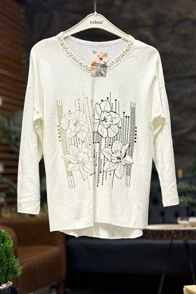 sahnemoda Floral pattern gilded v-neck velvet imported blouse