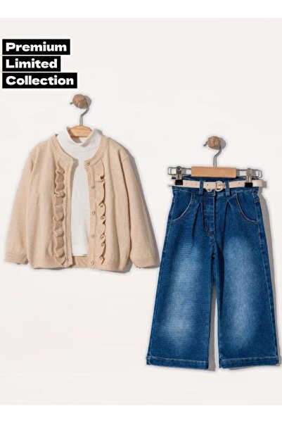 Gocoland Ruffled Cardigan Knitwear Set and Modal Fabric Bodysuit and Denim Spanish Leg Pants 3-Piece Set