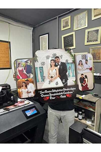 BİRHEDİYENOLSUN Kişiye Özel Resimli Duvar Saati ( Yatay 5 Resimli 90x60 cm )