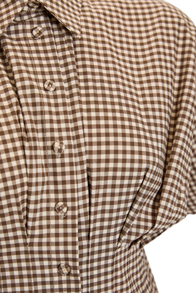 Exquise Square Pattern Short Sleeve Waist Accent Regular Woven Shirt Dress