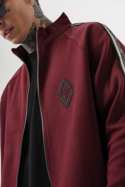Respire Ανδρικό φούτερ με λεπτομέρεια ρίγες, όρθιο γιακά, διπλό φερμουάρ, oversize, μπορντό