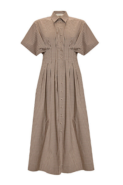 Exquise Square Pattern Short Sleeve Waist Accent Regular Woven Shirt Dress