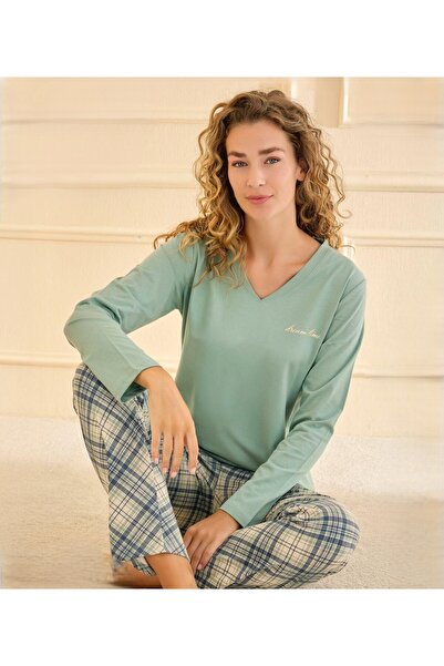 Mihra Water Green Cotton Combed Supreme V-Neck Pajama Set 90759